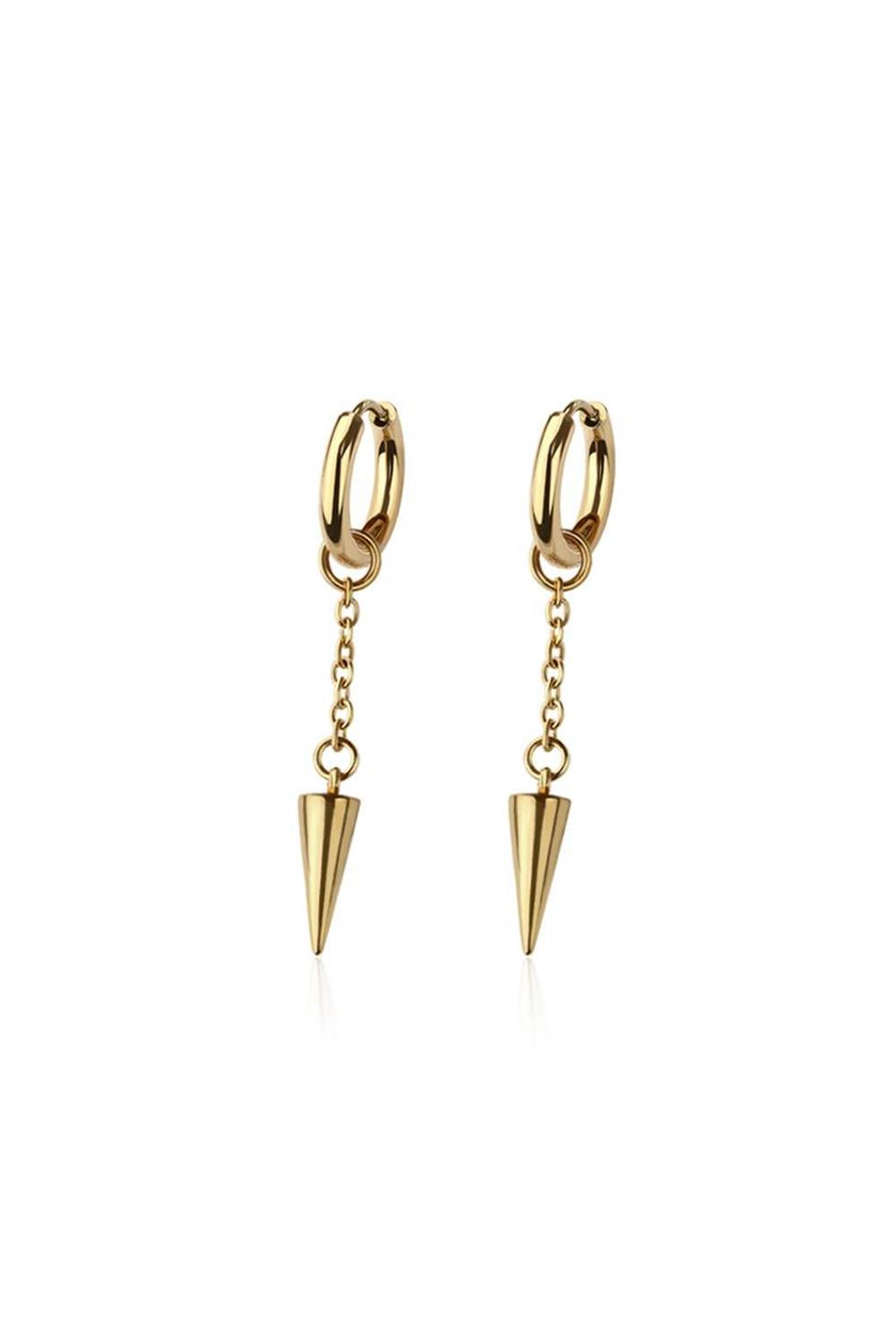 PAIR OF STAINLESS STEEL HUGGIE/HOOP EARRINGS W/ CONE SPIKE DANGLE